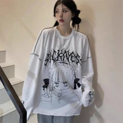 Apparel Oversized Harajuku Gothic "Sickness" Anime Girl White Black Tee