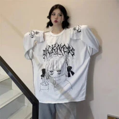 Apparel Oversized Harajuku Gothic "Sickness" Anime Girl White Black Tee -Kawaii Store kawaiies plushies plush softtoy oversized harajuku gothic sickness anime girl white black tee apparel whiter s 351714