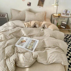 Pastel Checked Plaid Bedding Set Collection Without Bed Sheet