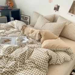 Pastel Checked Plaid Bedding Set Collection Without Bed Sheet -Kawaii Store kawaiies plushies plush softtoy pastel checked plaid bedding set collection without bed sheet home decor brown single 496012
