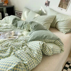 Pastel Checked Plaid Bedding Set Collection Without Bed Sheet -Kawaii Store kawaiies plushies plush softtoy pastel checked plaid bedding set collection without bed sheet home decor green single 154341