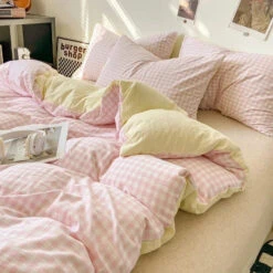 Pastel Checked Plaid Bedding Set Collection Without Bed Sheet -Kawaii Store kawaiies plushies plush softtoy pastel checked plaid bedding set collection without bed sheet home decor pink single 530873