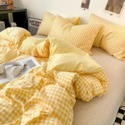 Pastel Checked Plaid Bedding Set Collection Without Bed Sheet -Kawaii Store kawaiies plushies plush softtoy pastel checked plaid bedding set collection without bed sheet home decor yellow single 198318