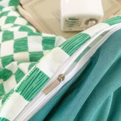 Pastel Green Checked Plaid Bedding Set -Kawaii Store kawaiies plushies plush softtoy pastel green checked plaid bedding set bedding sets 320023