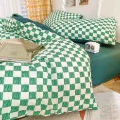 Pastel Green Checked Plaid Bedding Set -Kawaii Store kawaiies plushies plush softtoy pastel green checked plaid bedding set bedding sets 411107
