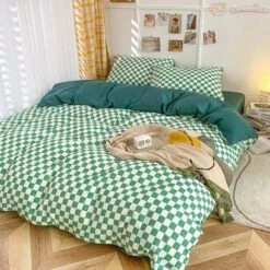 Pastel Green Checked Plaid Bedding Set -Kawaii Store kawaiies plushies plush softtoy pastel green checked plaid bedding set bedding sets 461542