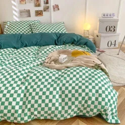 Pastel Green Checked Plaid Bedding Set -Kawaii Store kawaiies plushies plush softtoy pastel green checked plaid bedding set bedding sets 474250