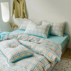 Pastel Green Checked Plaid Bedding Set -Kawaii Store kawaiies plushies plush softtoy pastel green checked plaid bedding set bedding sets 650597
