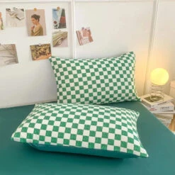 Pastel Green Checked Plaid Bedding Set -Kawaii Store kawaiies plushies plush softtoy pastel green checked plaid bedding set bedding sets 683162