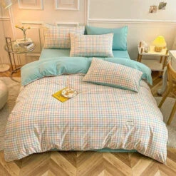 Pastel Green Checked Plaid Bedding Set