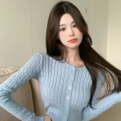 Apparel Pastel Knitted Women's Buttoned Long Sleeve Cardigan -Kawaii Store kawaiies plushies plush softtoy pastel knitted womens buttoned long sleeve cardigan new apparel blue 117905