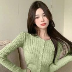 Apparel Pastel Knitted Women's Buttoned Long Sleeve Cardigan -Kawaii Store kawaiies plushies plush softtoy pastel knitted womens buttoned long sleeve cardigan new apparel green 512920