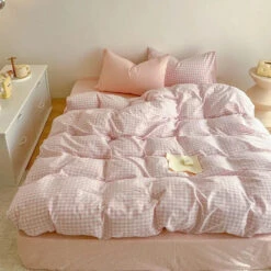 Pastel Pink Blue Gray Checkered Polyester Bedding Set With Bed Sheet -Kawaii Store kawaiies plushies plush softtoy pastel pink blue gray checkered polyester bedding set with bed sheet home decor 983393