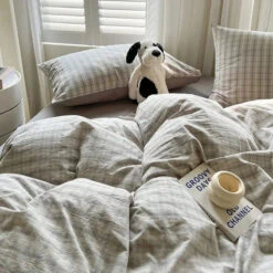 Pastel Pink Blue Gray Checkered Polyester Bedding Set With Bed Sheet -Kawaii Store kawaiies plushies plush softtoy pastel pink blue gray checkered polyester bedding set with bed sheet home decor gray twin 248096