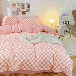 Pastel Pink Purple Checked Plaid Bedding Set -Kawaii Store kawaiies plushies plush softtoy pastel pink purple checked plaid bedding set bedding sets 123406