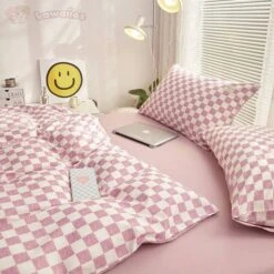 Pastel Pink Purple Checked Plaid Bedding Set -Kawaii Store kawaiies plushies plush softtoy pastel pink purple checked plaid bedding set bedding sets 237088