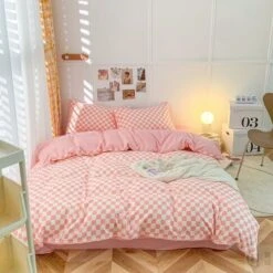 Pastel Pink Purple Checked Plaid Bedding Set -Kawaii Store kawaiies plushies plush softtoy pastel pink purple checked plaid bedding set bedding sets 302106