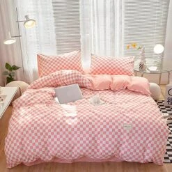 Pastel Pink Purple Checked Plaid Bedding Set -Kawaii Store kawaiies plushies plush softtoy pastel pink purple checked plaid bedding set bedding sets 362082