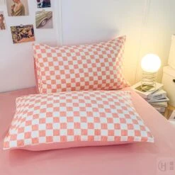 Pastel Pink Purple Checked Plaid Bedding Set -Kawaii Store kawaiies plushies plush softtoy pastel pink purple checked plaid bedding set bedding sets 486424