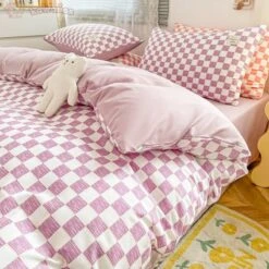 Pastel Pink Purple Checked Plaid Bedding Set -Kawaii Store kawaiies plushies plush softtoy pastel pink purple checked plaid bedding set bedding sets 632876