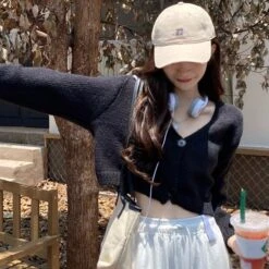 Apparel Petite Women's Cropped Balloon Sleeve Knit Cardigan -Kawaii Store kawaiies plushies plush softtoy petite womens cropped balloon sleeve knit cardigan apparel 151281