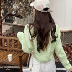 Apparel Petite Women's Cropped Balloon Sleeve Knit Cardigan -Kawaii Store kawaiies plushies plush softtoy petite womens cropped balloon sleeve knit cardigan apparel 437508