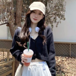 Apparel Petite Women's Cropped Balloon Sleeve Knit Cardigan -Kawaii Store kawaiies plushies plush softtoy petite womens cropped balloon sleeve knit cardigan apparel 855046