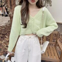 Apparel Petite Women's Cropped Balloon Sleeve Knit Cardigan -Kawaii Store kawaiies plushies plush softtoy petite womens cropped balloon sleeve knit cardigan apparel green 807170
