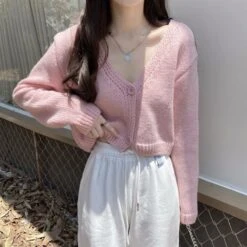 Apparel Petite Women's Cropped Balloon Sleeve Knit Cardigan -Kawaii Store kawaiies plushies plush softtoy petite womens cropped balloon sleeve knit cardigan apparel pink 699270