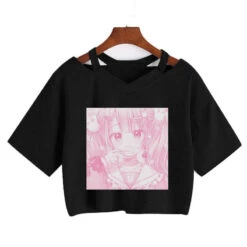 Apparel Pink Anime Girl Print V-neck Crop Top Tee -Kawaii Store kawaiies plushies plush softtoy pink anime girl print v neck crop top tee apparel black s 772517