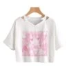 Apparel Pink Anime Girl Print V-neck Crop Top Tee -Kawaii Store kawaiies plushies plush softtoy pink anime girl print v neck crop top tee apparel white s 195304