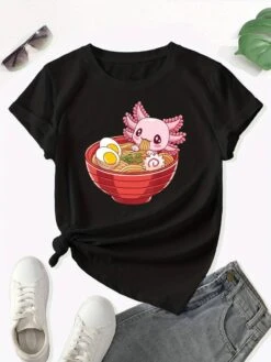 Apparel Pink Axolotl Bathing In Ramen Tee -Kawaii Store kawaiies plushies plush softtoy pink axolotl bathing in ramen tee new apparel 589990