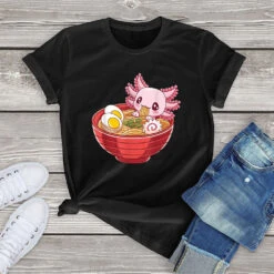Apparel Pink Axolotl Bathing In Ramen Tee -Kawaii Store kawaiies plushies plush softtoy pink axolotl bathing in ramen tee new apparel black xs 869298