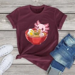 Apparel Pink Axolotl Bathing In Ramen Tee -Kawaii Store kawaiies plushies plush softtoy pink axolotl bathing in ramen tee new apparel burgundy xs 175674