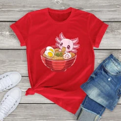 Apparel Pink Axolotl Bathing In Ramen Tee -Kawaii Store kawaiies plushies plush softtoy pink axolotl bathing in ramen tee new apparel red xs 526805