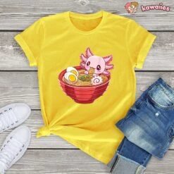 Apparel Pink Axolotl Bathing In Ramen Tee -Kawaii Store kawaiies plushies plush softtoy pink axolotl bathing in ramen tee new apparel yellow xs 864054