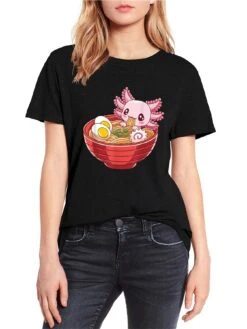 Apparel Pink Axolotl Eating Ramen Women's Cotton Tee -Kawaii Store kawaiies plushies plush softtoy pink axolotl eating ramen womens cotton tee apparel 687693