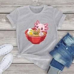 Apparel Pink Axolotl Eating Ramen Women's Cotton Tee -Kawaii Store kawaiies plushies plush softtoy pink axolotl eating ramen womens cotton tee apparel gray xs 815441
