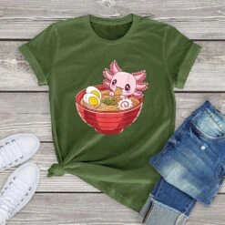 Apparel Pink Axolotl Eating Ramen Women's Cotton Tee -Kawaii Store kawaiies plushies plush softtoy pink axolotl eating ramen womens cotton tee apparel green xs 492680