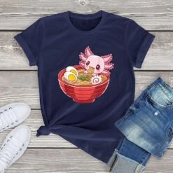 Apparel Pink Axolotl Eating Ramen Women's Cotton Tee -Kawaii Store kawaiies plushies plush softtoy pink axolotl eating ramen womens cotton tee apparel navy xs 414069