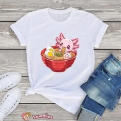 Apparel Pink Axolotl Eating Ramen Women's Cotton Tee -Kawaii Store kawaiies plushies plush softtoy pink axolotl eating ramen womens cotton tee apparel white xs 281332