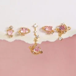 Pink Heart Gold-Plated Asymmetric Stud Earrings -Kawaii Store kawaiies plushies plush softtoy pink heart gold plated asymmetric stud earrings new earrings 949650
