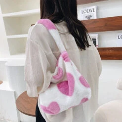 Apparel Pink Hearts Fluffy Tote Bag -Kawaii Store kawaiies plushies plush softtoy pink hearts fluffy tote bag new apparel 512039