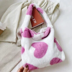 Apparel Pink Hearts Fluffy Tote Bag -Kawaii Store kawaiies plushies plush softtoy pink hearts fluffy tote bag new apparel 838836