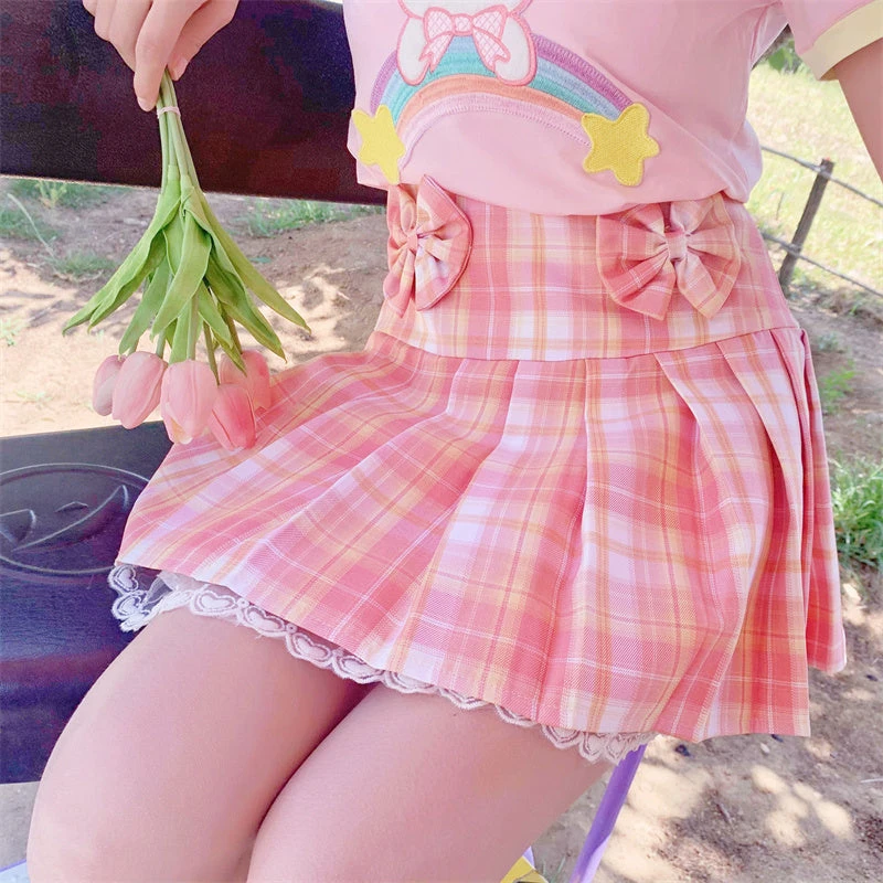 Apparel Pink Plaid Pleated Short Korean Fashion Skirt With Lace & Bow 3 Apparel Pink Plaid Pleated Short Korean Fashion Skirt With Lace & Bow