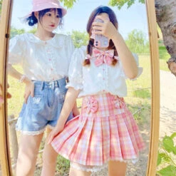 Apparel Pink Plaid Pleated Short Korean Fashion Skirt With Lace & Bow 14 Apparel Pink Plaid Pleated Short Korean Fashion Skirt With Lace & Bow -Kawaii Store kawaiies plushies plush softtoy pink plaid pleated short korean fashion skirt with lace bow apparel 501930