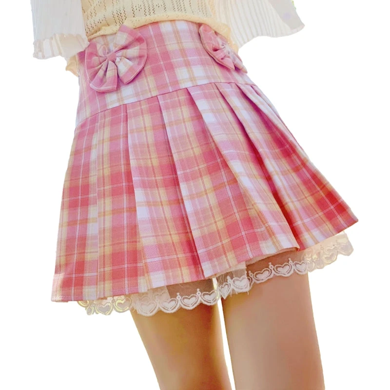 Apparel Pink Plaid Pleated Short Korean Fashion Skirt With Lace & Bow 8 Apparel Pink Plaid Pleated Short Korean Fashion Skirt With Lace & Bow - Image 6