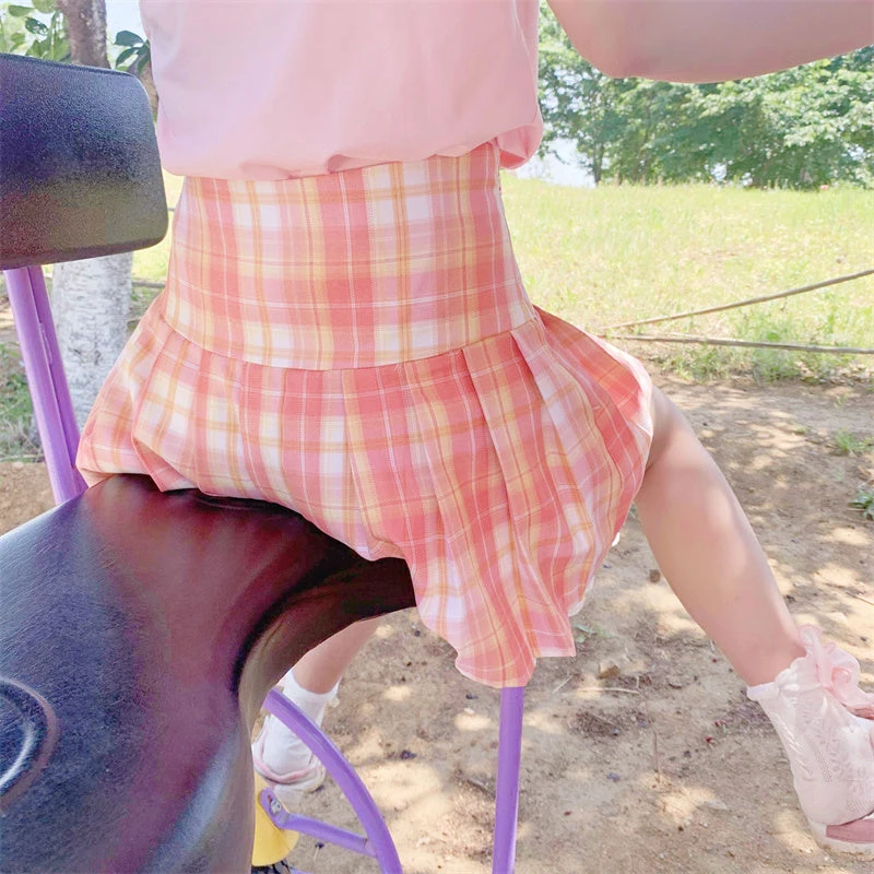 Apparel Pink Plaid Pleated Short Korean Fashion Skirt With Lace & Bow 6 Apparel Pink Plaid Pleated Short Korean Fashion Skirt With Lace & Bow - Image 4