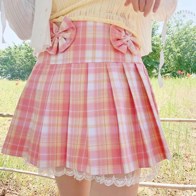 Apparel Pink Plaid Pleated Short Korean Fashion Skirt With Lace & Bow 9 Apparel Pink Plaid Pleated Short Korean Fashion Skirt With Lace & Bow - Image 7