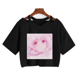 Apparel Pink Riamu Cute Anime Girl Print V-neck Crop Top Tee -Kawaii Store kawaiies plushies plush softtoy pink riamu cute anime girl print v neck crop top tee new apparel black s 489242
